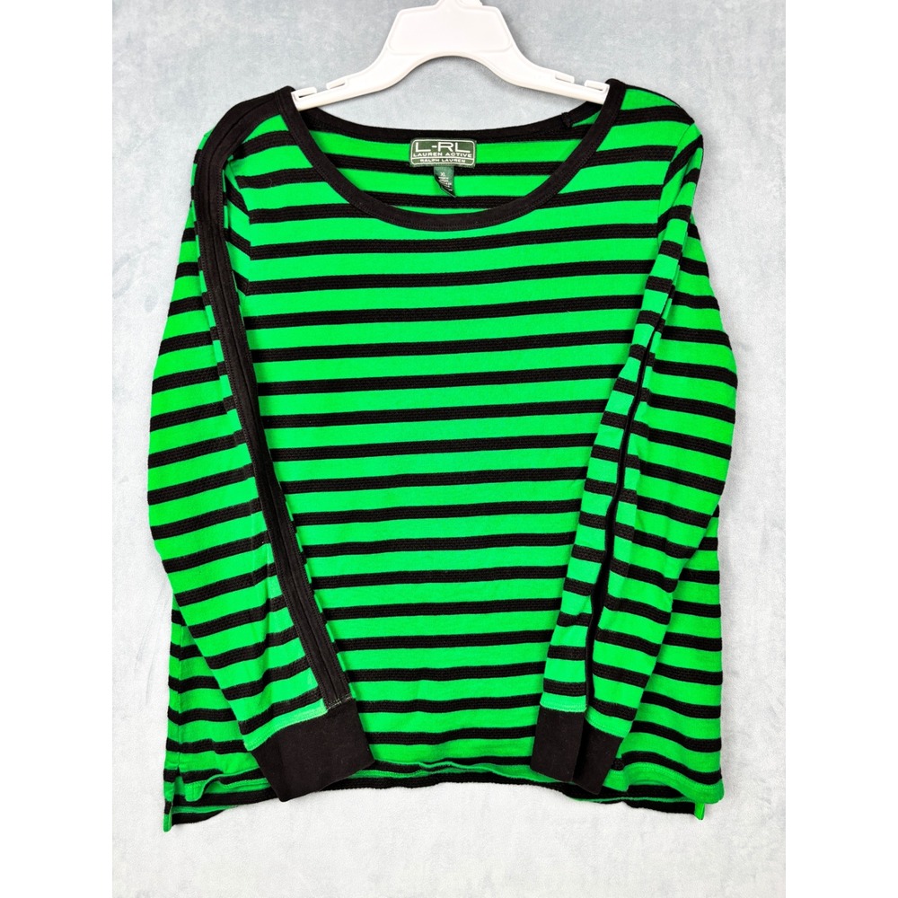 Lauren Active Ralph Lauren Green Black Striped Waffle Knit Top XL Cotton Womens